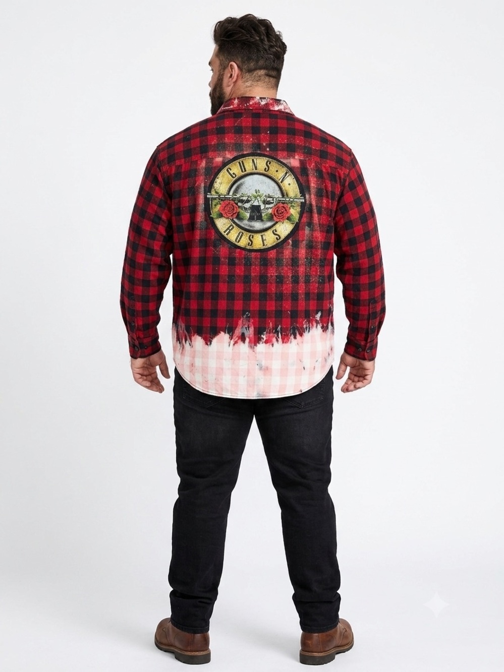 Cabela’s Upcycled Guns N Roses Bleach Dipped Red Plaid Flannel Shirt Size 2XL R